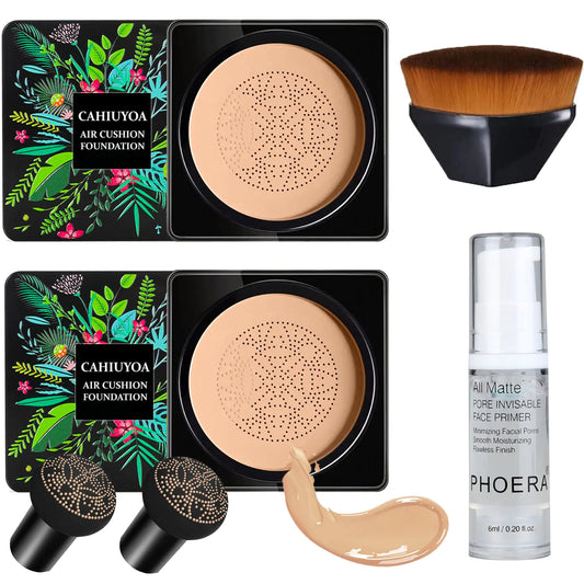 FloraVeil Air Cushion Foundation Duo – Full Coverage + Primer & Petal Brush